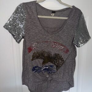 Gray Sequin Sleeve Graphic Top